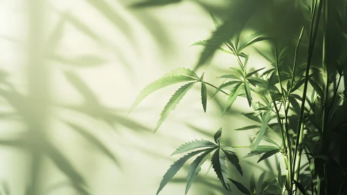 Cannabis leaves stretch into soft green filtered light.