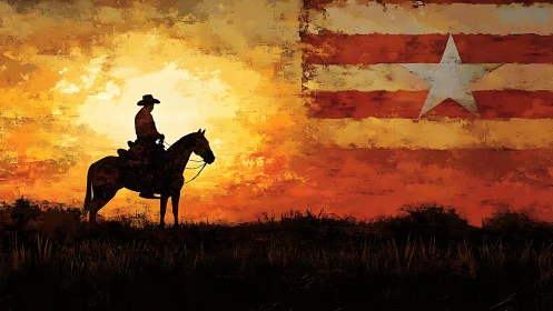 Lone sunset rider beneath a burning prairie sky and star-striped flag.