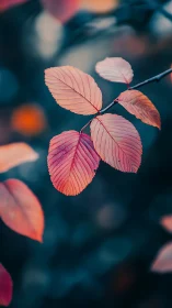 Pink and orange autumn leaves against soft blue bokeh.