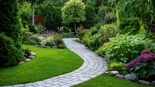 Curving stone garden path through lush landscaped borders.