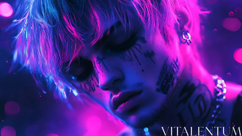 Neon portrait with cyberpunk tattoos and moody lighting.