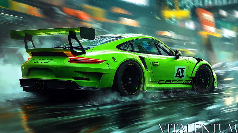 Neon-lime racer carving rain-slicked city asphalt at speed.