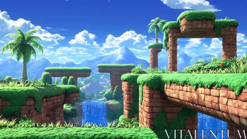 Segmented grassy plateaus with stylized stone terraces.