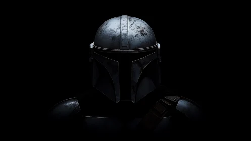Steel-clad sci-fi helmet rendered in stark low-key chiaroscuro
