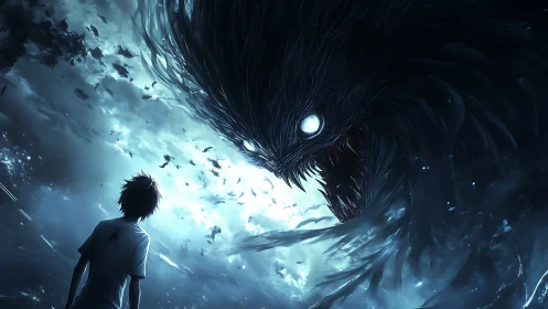 Boy confronts massive glowing eyed shadow monster at night.