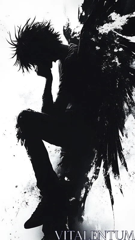 Shadowed angel curls into thought while wings dissolve to ink