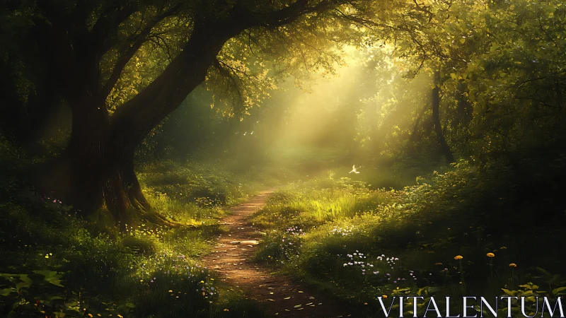 Forest path bathed in golden sunlight through dense canopy