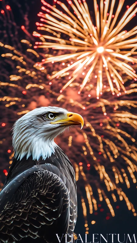 Proud bald eagle gazes upward under radiant night fireworks