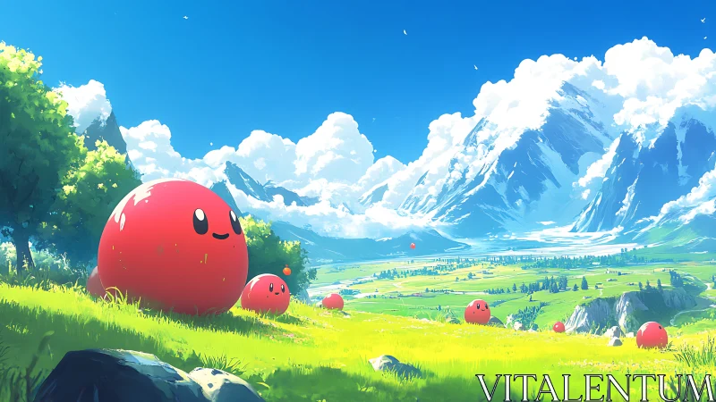 Red spherical characters in bright alpine valley landscape.