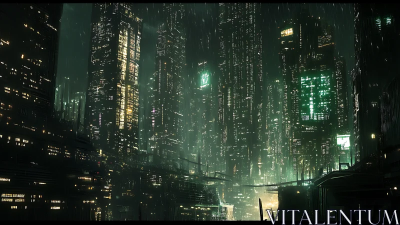 Dense futuristic cityscape with illuminated towers in rain.