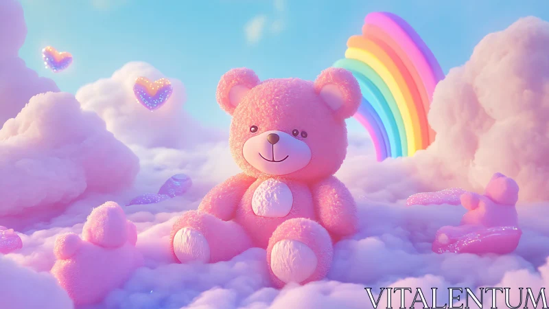 Pink teddy bear on fluffy clouds with pastel rainbow background.