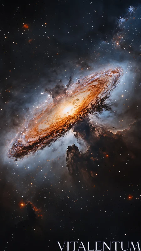 Spiral galaxy over rising dark nebula in deep space scene.