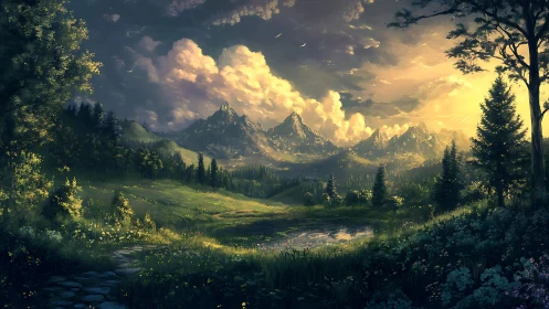 Mountain valley landscape under dramatic sunset light.