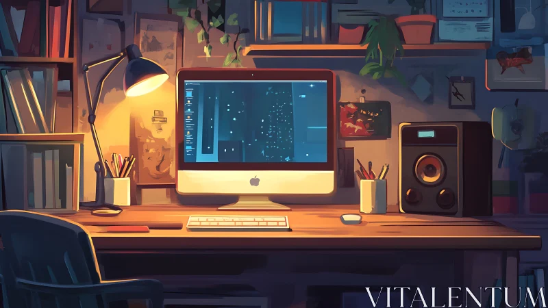 Digital workspace with desktop computer and desk lamp.