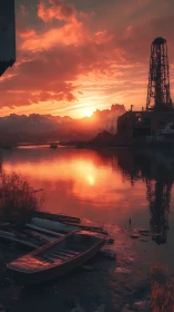 Rusted tower and lone boat under ember-soaked sunset sky.