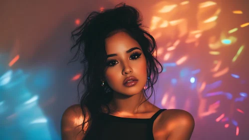 Soft neon portrait under shimmering evening light play.