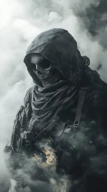 Hooded skeletal figure in tactical gear amid dense smoke.