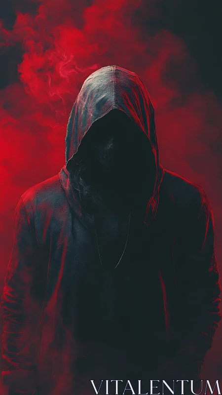 Hooded silhouette emerges from red atmospheric smoke field
