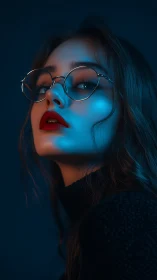 Cinematic blue-gel portrait with reflective glasses and red lips.