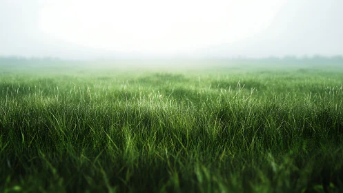 Morning dew on lush green field under soft white haze.