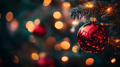 Gleaming red bauble amid warm defocused holiday lights.