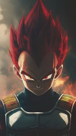 Fiery warrior’s quiet grin against a stormy cosmic blaze.