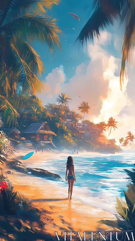 Woman in Surfwear Standing on Tropical Beach at Sunset