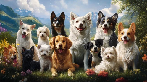 Sunny meadow meet-up with joyful dogs and wagging hearts.