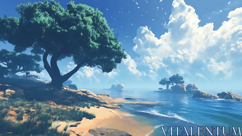 Ancient Tree Overlooks Serene Coastal Paradise.