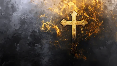 Gold ornate cross on dark textured abstract background.
