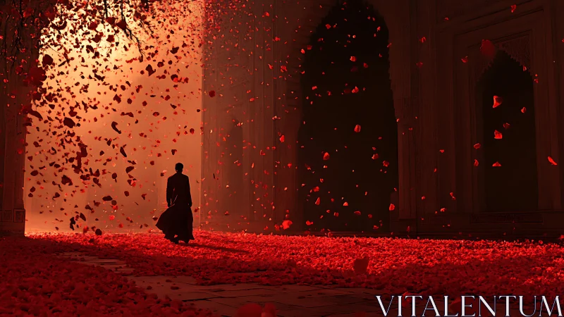 Solitary figure traverses rose petal storm in vaulted hall