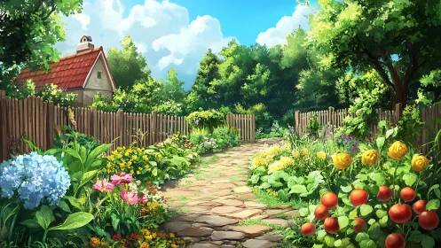 Sunlit garden path meanders toward a storybook cottage home