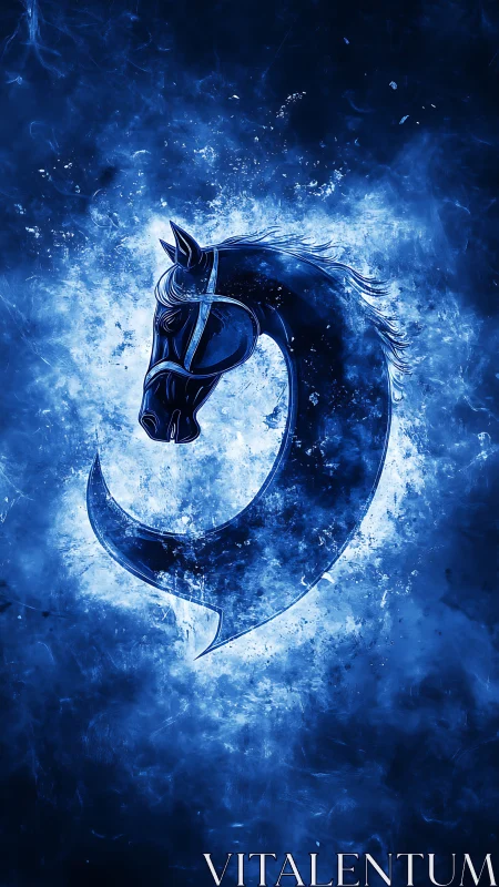 Stylized blue horse head emblem in glowing abstract field.