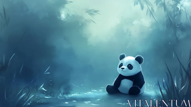 Digital illustration shows panda toy seated in misty clearing