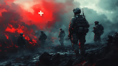 Armed soldiers advancing through red smoke on rough terrain.