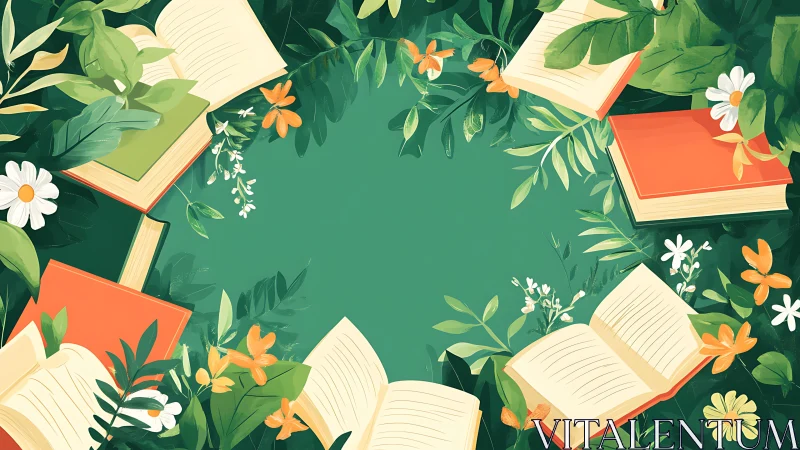 Open books encircle botanical frame in stylized green composition