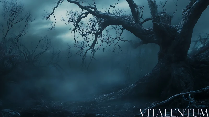 Nocturnal gnarled forest landscape in moody digital painting.