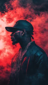 Profile portrait shows silhouetted figure in red smoke