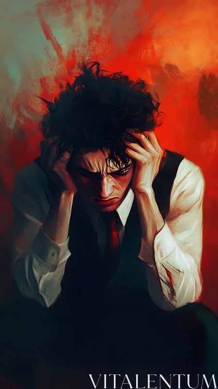 Tormented man grips head under searing red stress field.