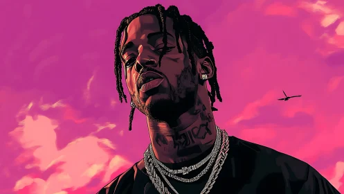 Digital portrait of tattooed rapper under vivid magenta sky