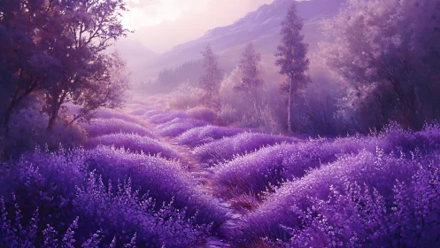 Lavender field landscape under soft light with distant mountains.