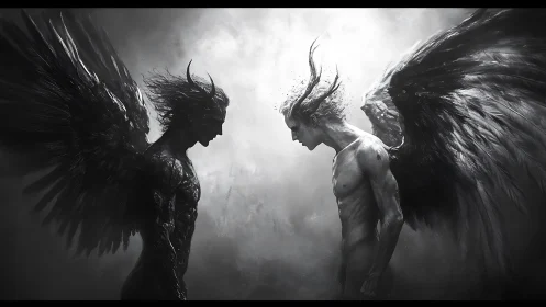 Monochrome winged warriors confront in high-contrast digital chiaroscuro