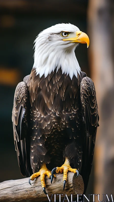 Bald eagle perches on weathered log with intense side gaze