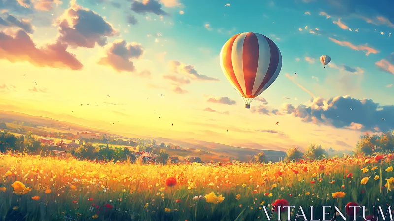 Striped hot air balloon drifts above glowing flower meadow