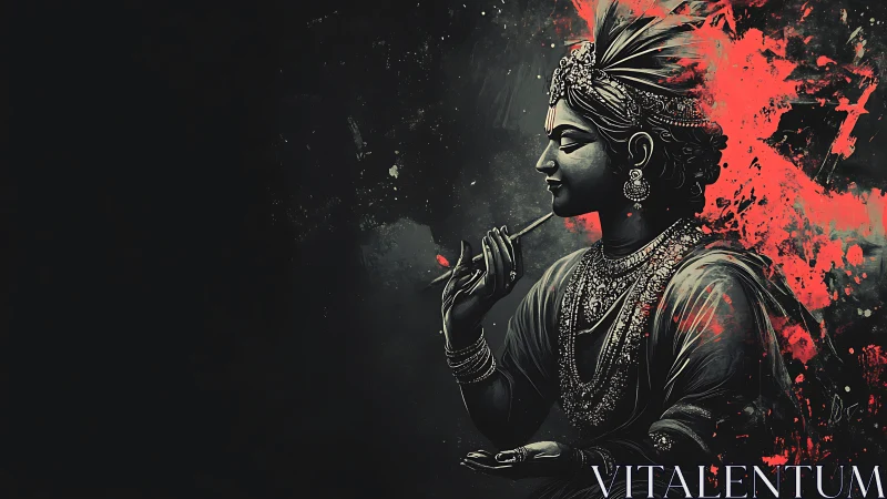 Monochrome divine musician with eruptive red pigment field.