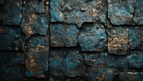 Weathered metallic stone wall texture in dark blue and gold tones.