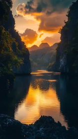 Golden sunset river winding gently between quiet cliffs.