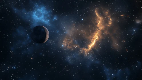 Lonely planet drifting beside a glowing golden nebula.