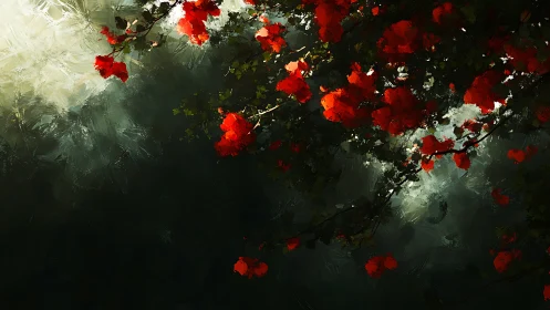 Crimson blossoms drifting through deep forest hush.