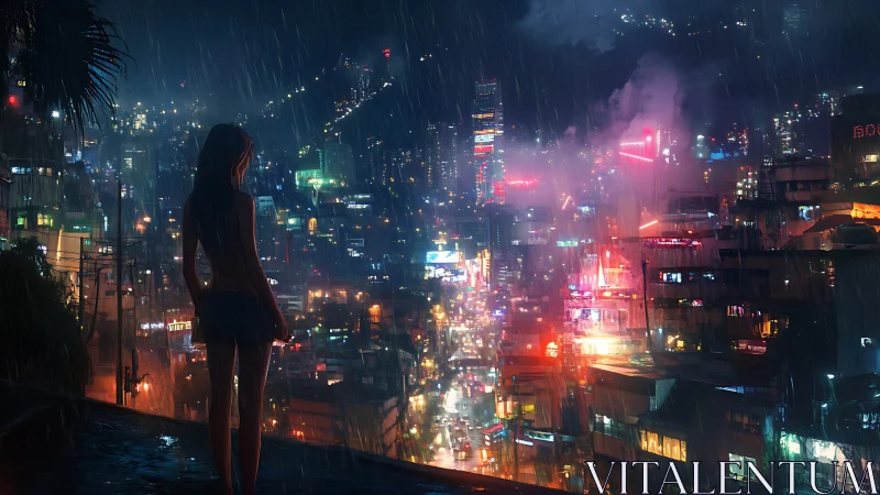 Solitary figure watching neon city lights in the rain at night.